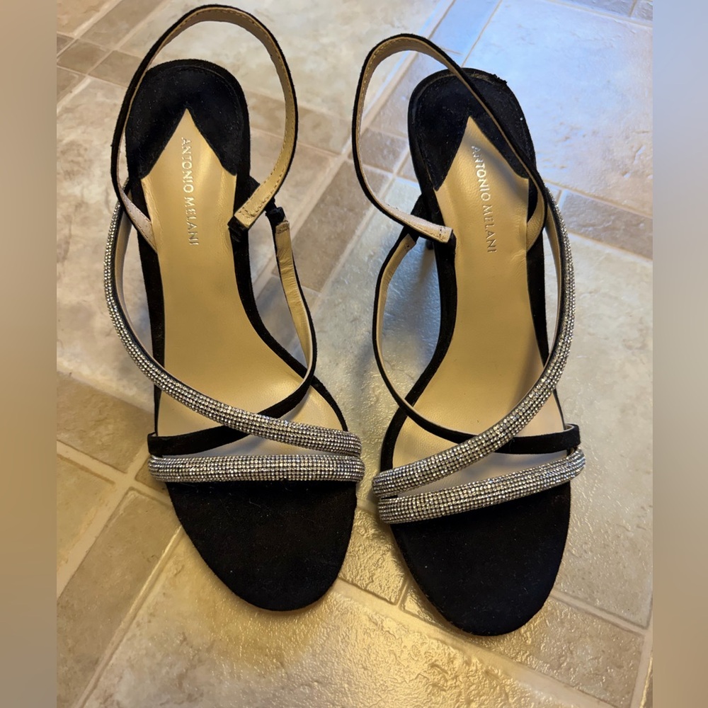 ANTONIO MELANI Black Suede Strappy Heels with Crystal Bands